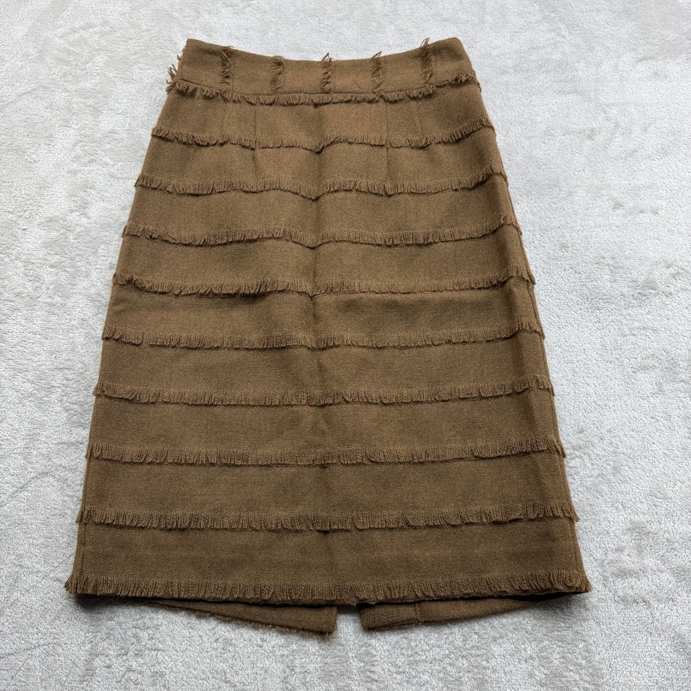 Trina Turk Pencil Skirt Womens 0 Brown Tiered Fringe Wool Blend Boho Chic USA